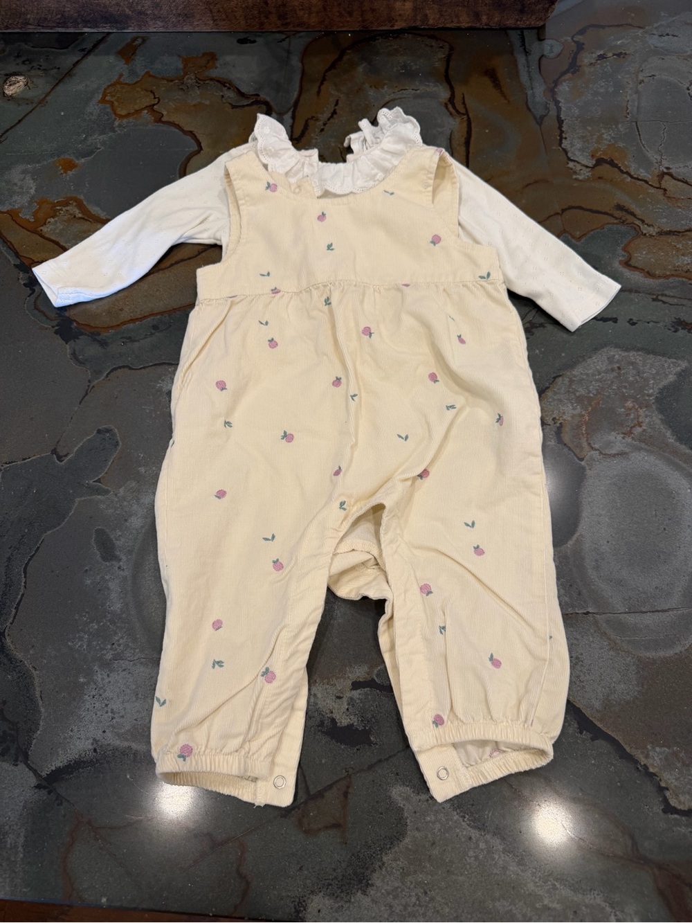 Purebaby Cream Corduroy Overalls with Pink Floral Embroidery